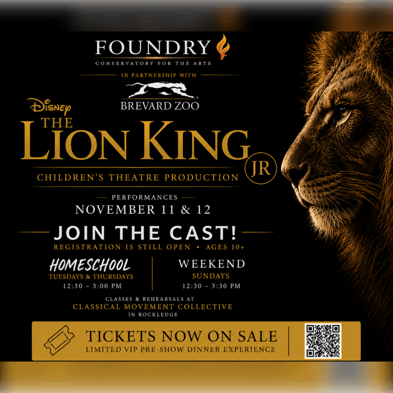 A golden lion's profile dominates the right side of the dark background, which advertises a children's theatre production of Disney's The Lion King Jr. by Foundry Conservatory for the Arts, with details about performances, auditions, and ticket sales in the foreground.