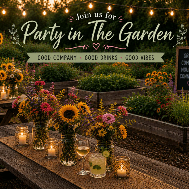 A rustic table set with floral arrangements, candles, and drinks sits in the foreground, while a lush garden with string lights illuminates the background.