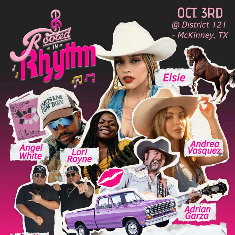 A collage of country music artists and a purple pickup truck are featured against a dark background with event details.
