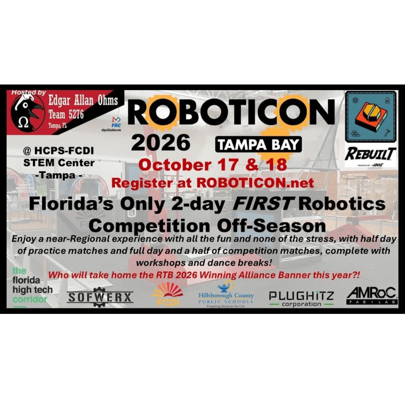 A poster for ROBOTICON 2026 in Tampa Bay, featuring event details and sponsor logos, is set against a blurred background of a robotics competition.
