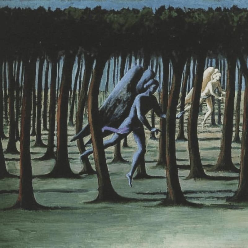 A blue figure with a large, dark, winged creature behind it runs through a dark forest, while a blonde figure flees in the background.
