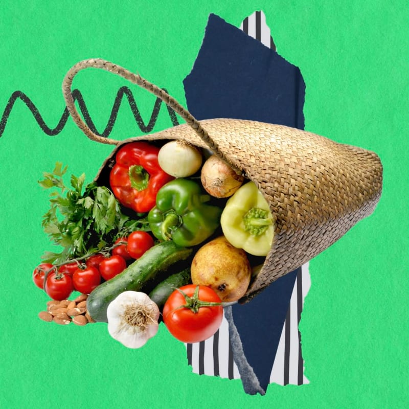 A woven bag overflows with fresh produce in the foreground, set against a vibrant green background with torn paper and abstract lines.