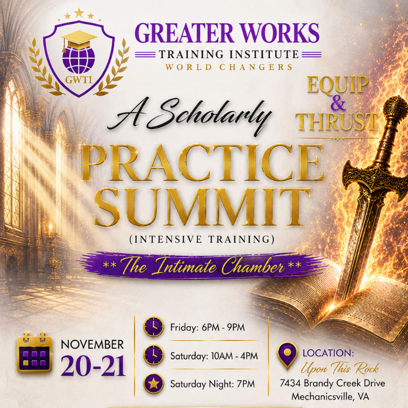 A golden sword pierces an open book in the foreground, set against a backdrop of a grand, sunlit hall with the text "Greater Works Training Institute" and event details.