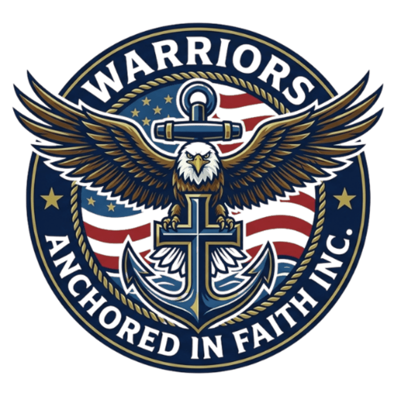 A bald eagle with outstretched wings is perched on an anchor in the foreground, with the American flag and the words "WARRIORS ANCHORED IN FAITH INC." forming the circular background.