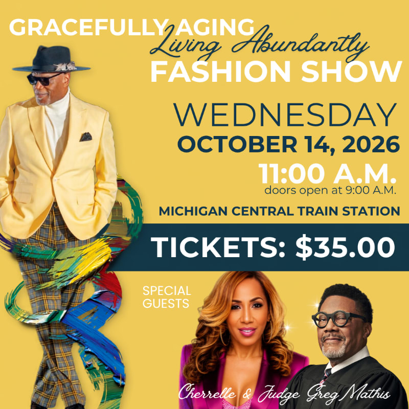A man in a yellow suit stands on the left, with text announcing a fashion show and special guests Cherrelle and Judge Greg Mathis on the right against a yellow background.