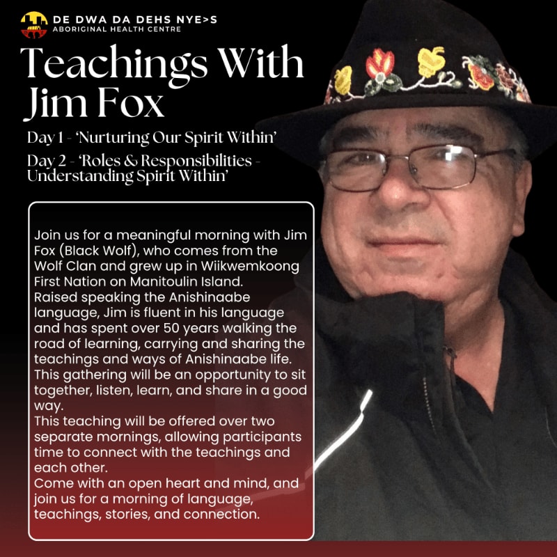 A man in a decorated hat and glasses is featured in the foreground, with event details about "Teachings With Jim Fox" in the background.