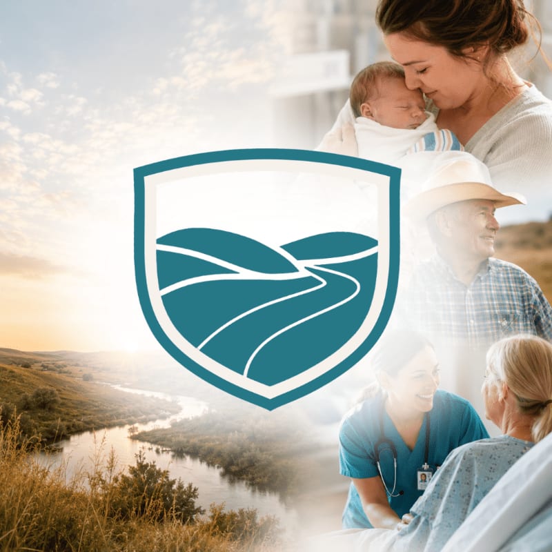 A shield with rolling hills and a river in the foreground is superimposed over a collage of images depicting a mother and baby, an elderly couple, and a nurse with a patient in the background.