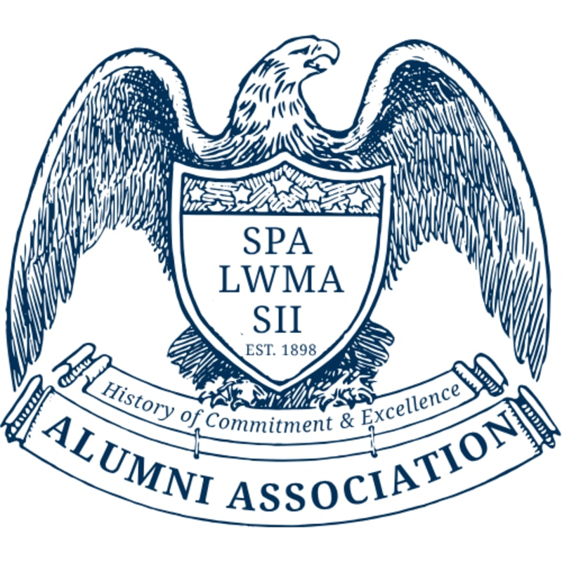 A blue-ink sketch of an eagle with outstretched wings holds a shield with "SPA LWMA SII EST. 1898" in the foreground, while a banner below reads "ALUMNI ASSOCIATION History of Commitment & Excellence" in the background.