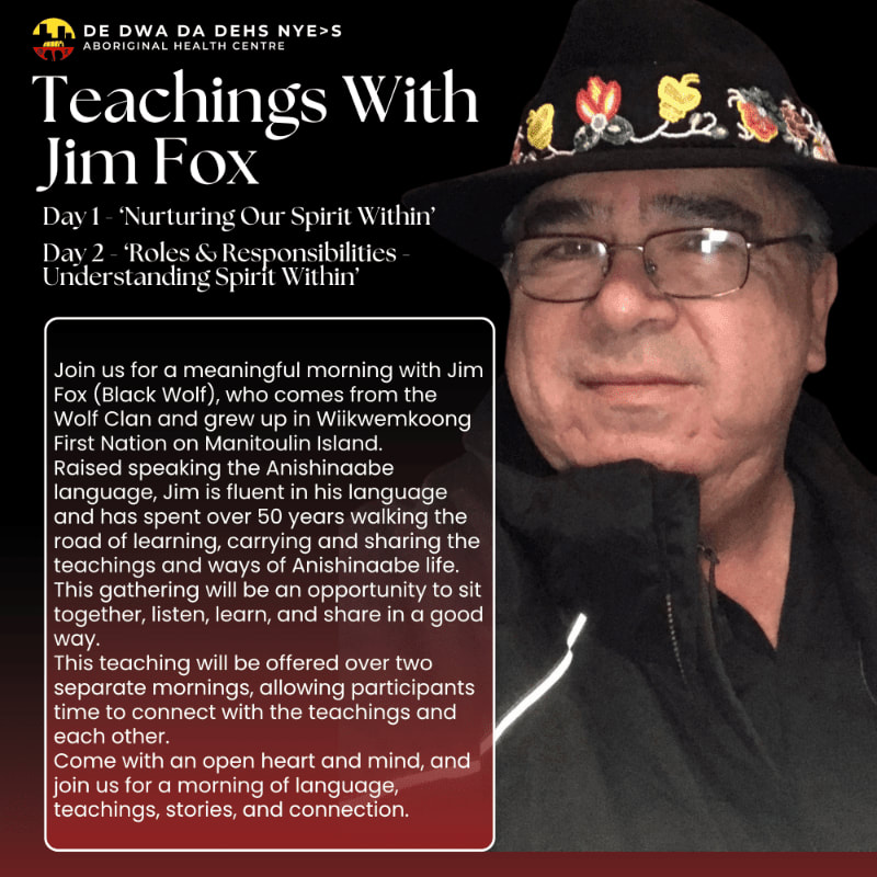 A man in a decorated hat and glasses is featured in the foreground, with event details about "Teachings With Jim Fox" in the background.