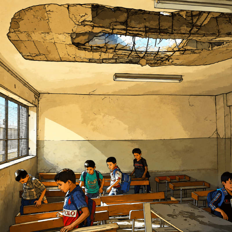 Children in a damaged classroom with a gaping hole in the ceiling look out at a city skyline visible through a broken window.