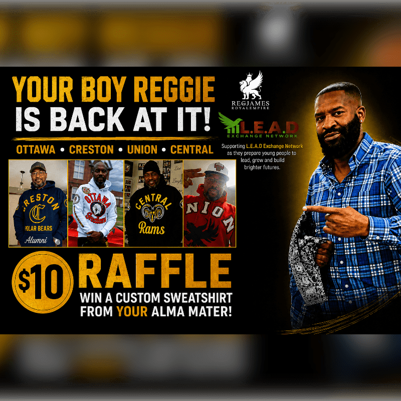 A man in a blue plaid shirt points to a raffle advertisement featuring four men in sweatshirts, with the background displaying logos and text about a "LEAD Exchange Network."