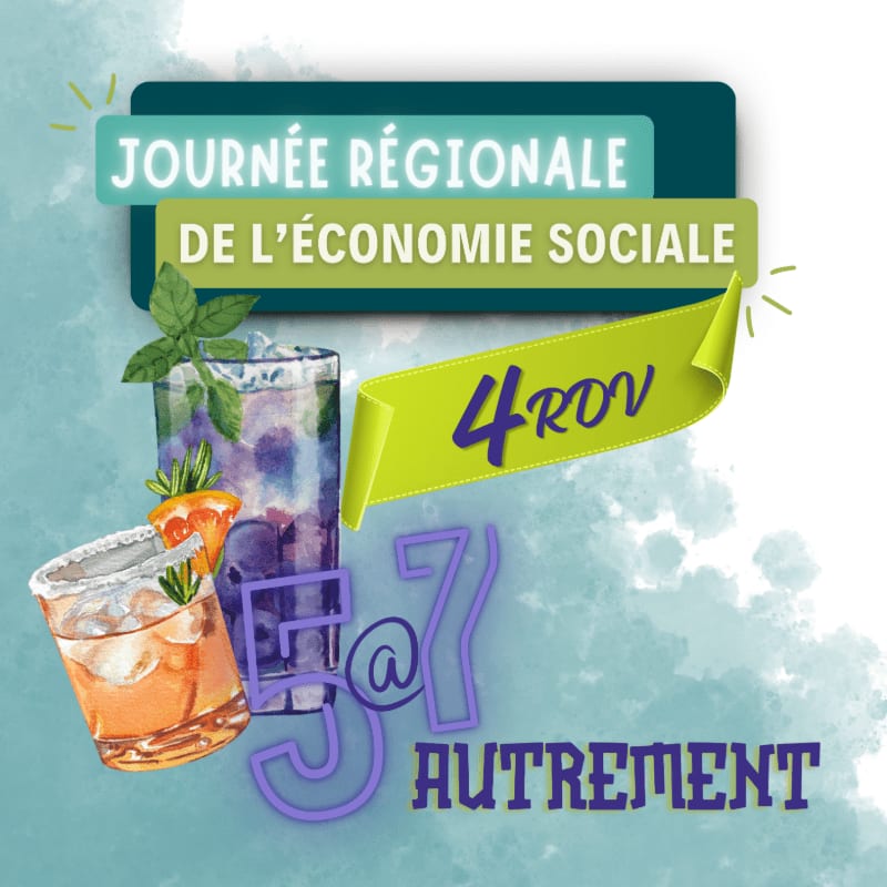 Two colorful drinks with garnishes are in the foreground, set against a teal and white watercolor background with text announcing a regional day of social economy.