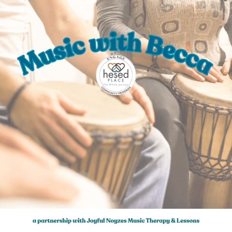 Hands play djembe drums in the foreground, with the text "Music with Becca" and a logo in the background.