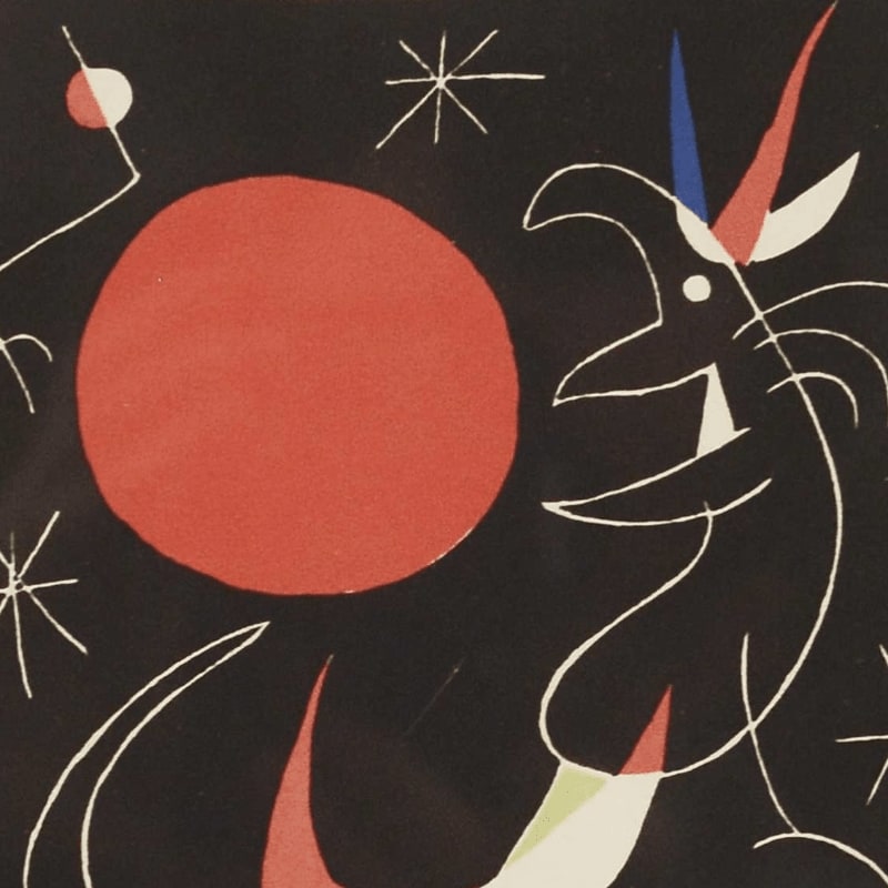 A red sun and abstract figures are set against a dark background with star-like shapes.