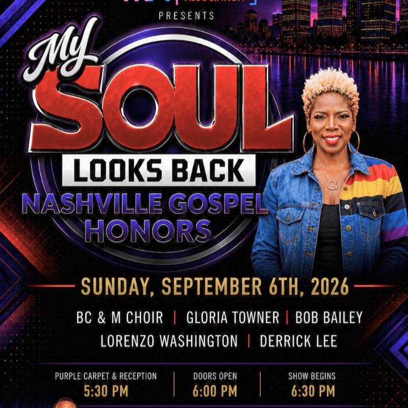 A woman with short blonde hair and a denim jacket stands in the foreground against a backdrop of the "My Soul Looks Back Nashville Gospel Honors" event title and a city skyline.