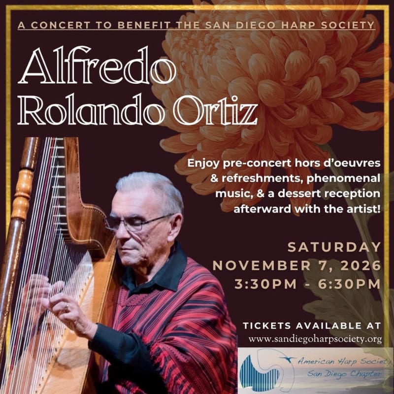 An elderly man plays a harp in the foreground, with a large, muted orange flower and event details filling the background.