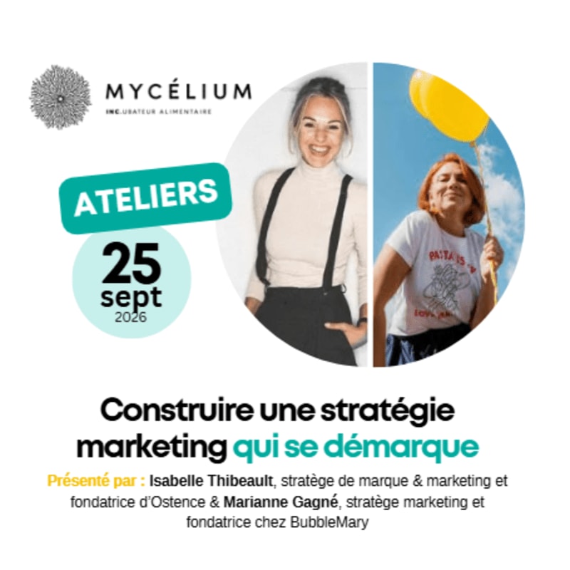 Two women are featured in the image, one in the foreground holding yellow balloons, and the other in the background, with text overlaying the image announcing a marketing strategy workshop.