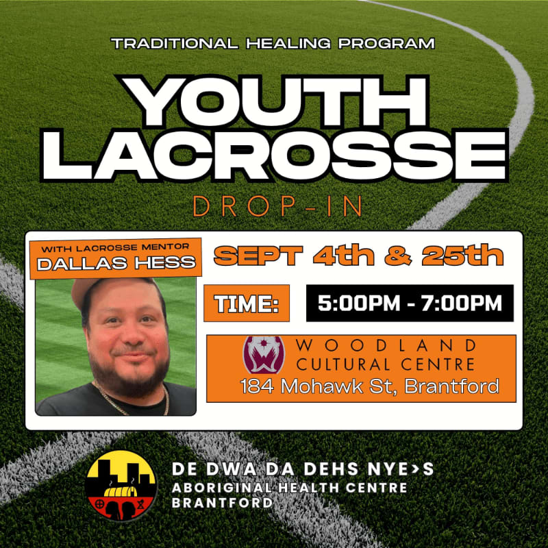 A flyer for a youth lacrosse drop-in program is displayed against a blurred background of a lacrosse field.
