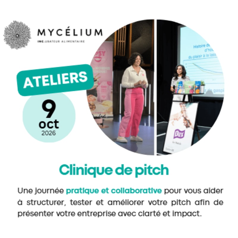 Two women present at a "Clinique de pitch" workshop hosted by MYCÉLIUM, with "ATELIERS" and the date "9 oct 2026" prominently displayed in the foreground.