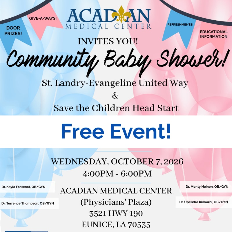 A pink and blue banner with "Community Baby Shower!" text is in the foreground, while a background of balloons and event details is visible.
