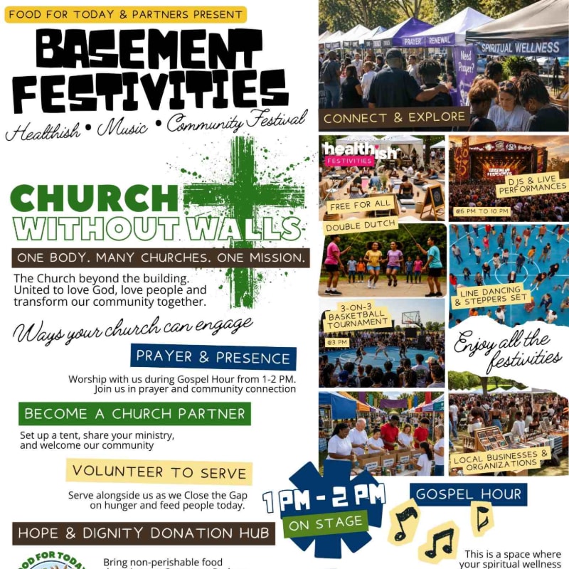 A flyer for "Basement Festivities" advertises a community festival with various activities, while the background shows a bustling outdoor event with tents and people.
