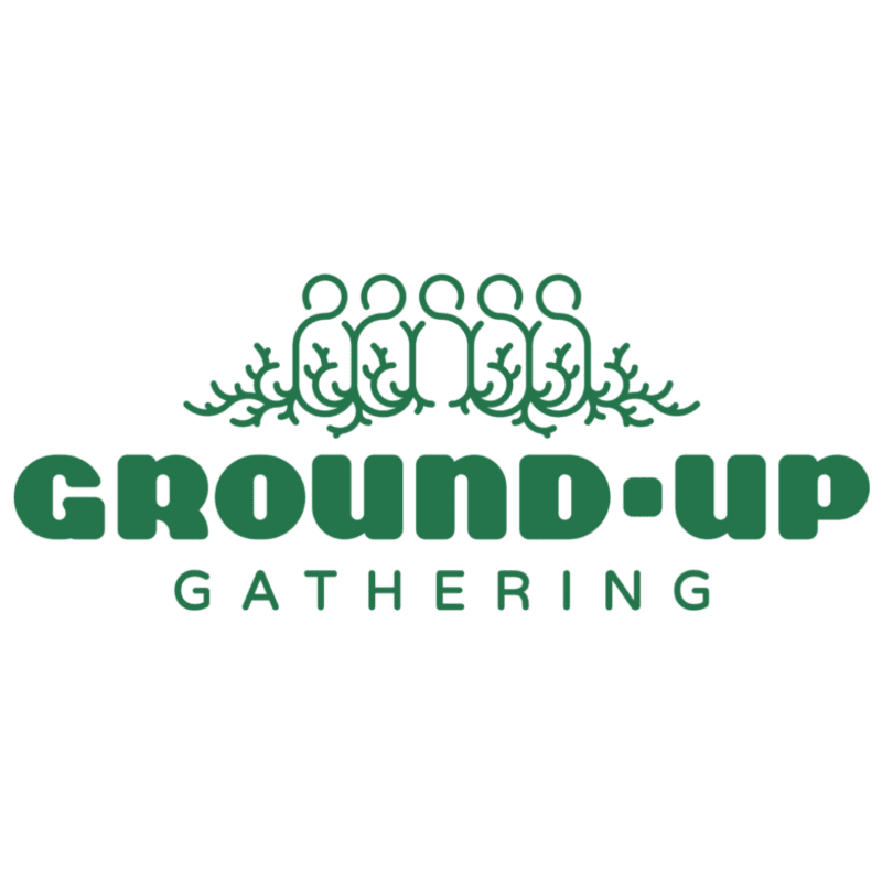 Green text reading "GROUND-UP GATHERING" is centered on a white background, with a stylized illustration of people and branches above it.