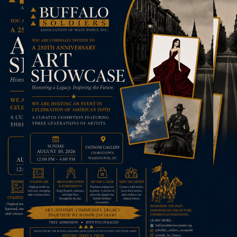 A poster for the Buffalo Soldiers Association of West Point's 250th Anniversary Art Showcase features artwork of soldiers and a woman in a red dress against a blurred background of a street scene.