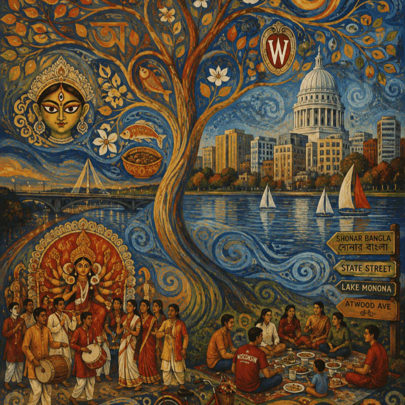 A vibrant, folk-art style painting depicts a lively festival scene in the foreground with people celebrating around a tree, while the background features a cityscape with a domed building and sailboats on a lake.