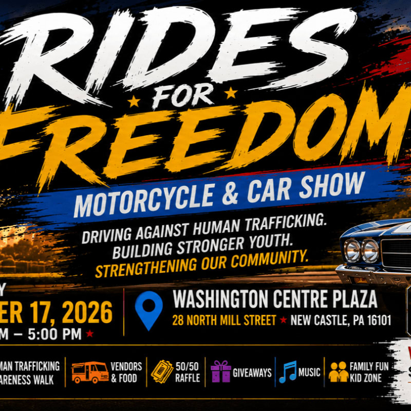 A "Rides for Freedom" motorcycle and car show poster features a classic car in the foreground against a backdrop of event details and patriotic colors.
