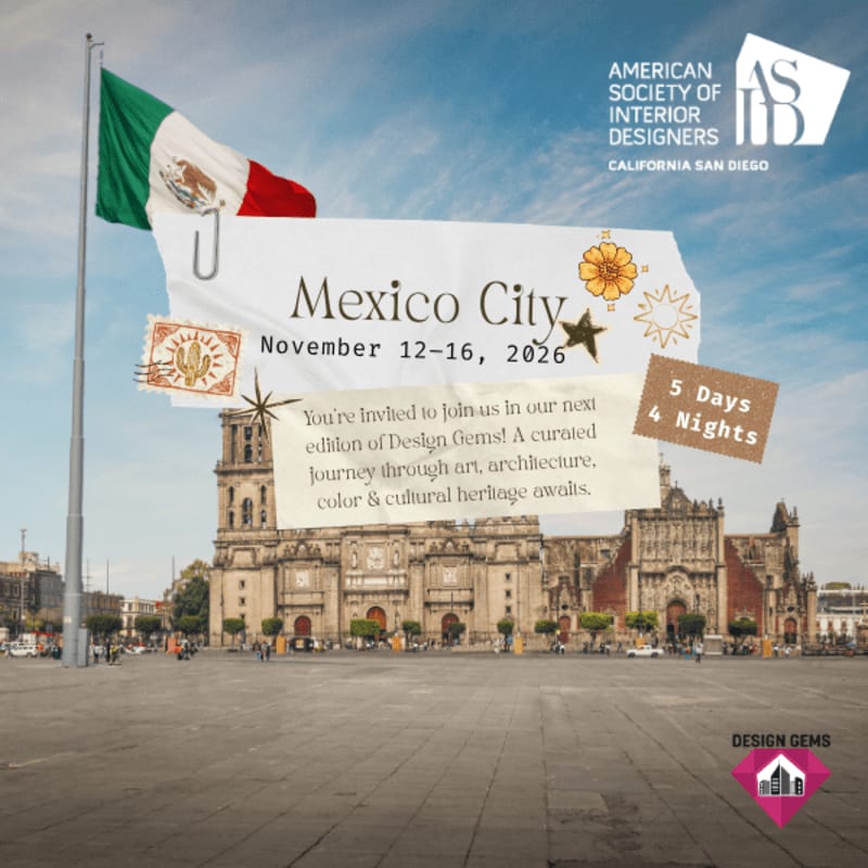 A Mexican flag waves in the foreground over a plaza in front of a grand cathedral in Mexico City, with event details for a design tour overlaid.