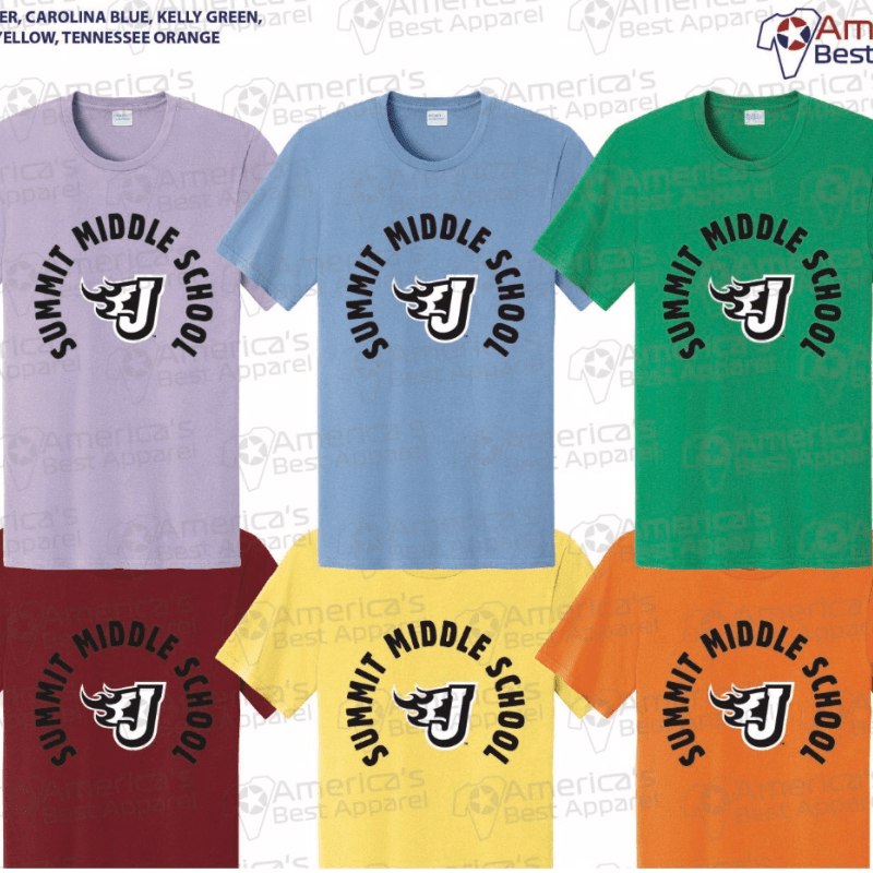 Six t-shirts in various colors are arranged in two rows, with a watermark of "America's Best Apparel" in the background.