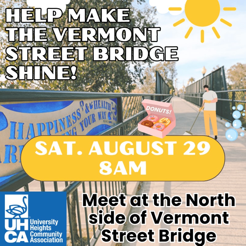 A bright yellow banner with event details and a cartoon sun is overlaid on a photo of a bridge, where a person is sweeping and a box of donuts is depicted.