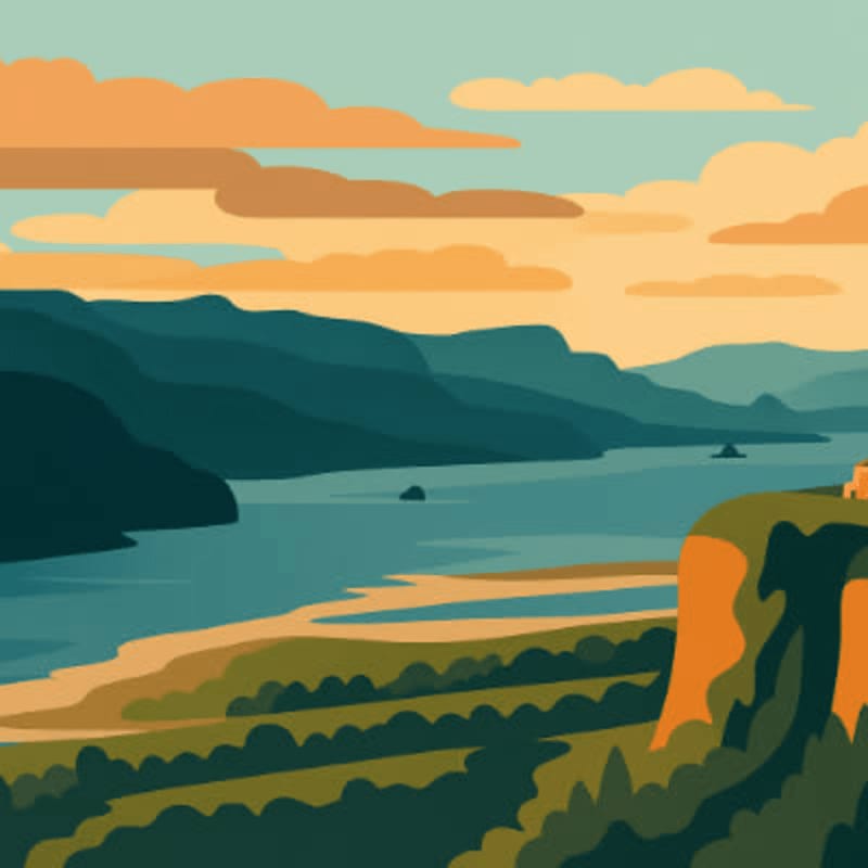 A small building sits atop a cliff overlooking a wide river and distant, layered mountains under a sky filled with soft, orange clouds.