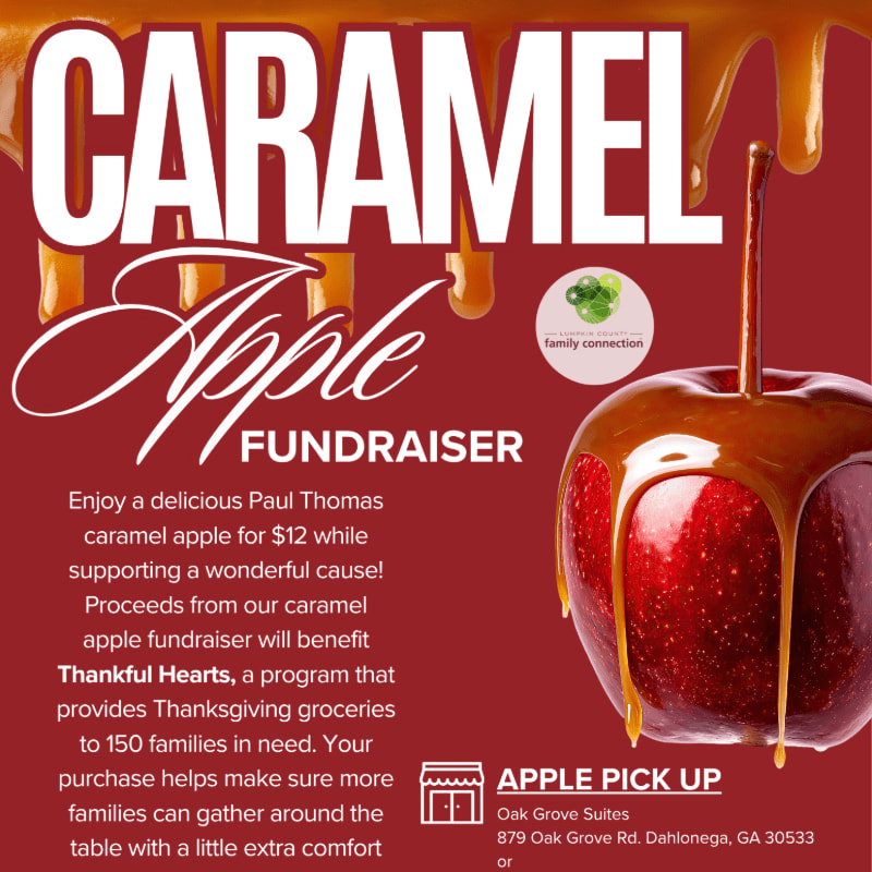 A glossy caramel apple on a stick is in the foreground against a red background with large white text announcing a "CARAMEL Apple FUNDRAISER" and details about the event.