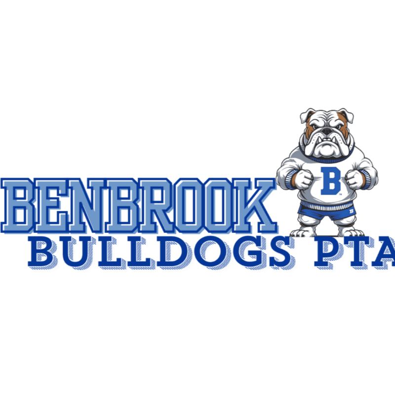 A cartoon bulldog mascot stands to the right of the words "BENBROOK BULLDOGS PTA" on a white background.