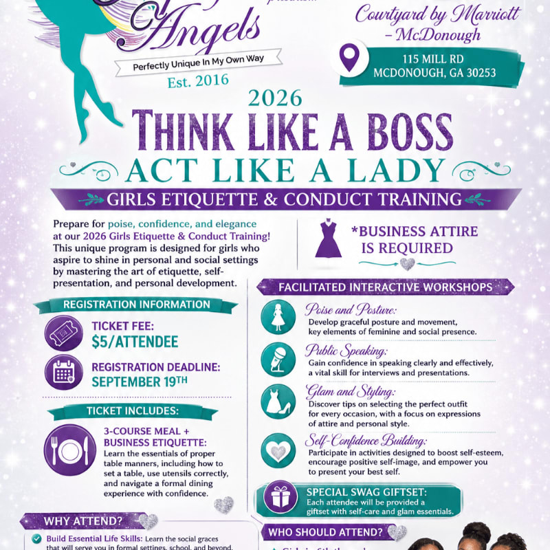 A flyer for a "Girls Etiquette & Conduct Training" program in McDonough, GA, features a stylized silhouette of a dancer in the upper left and event details in the lower portion.