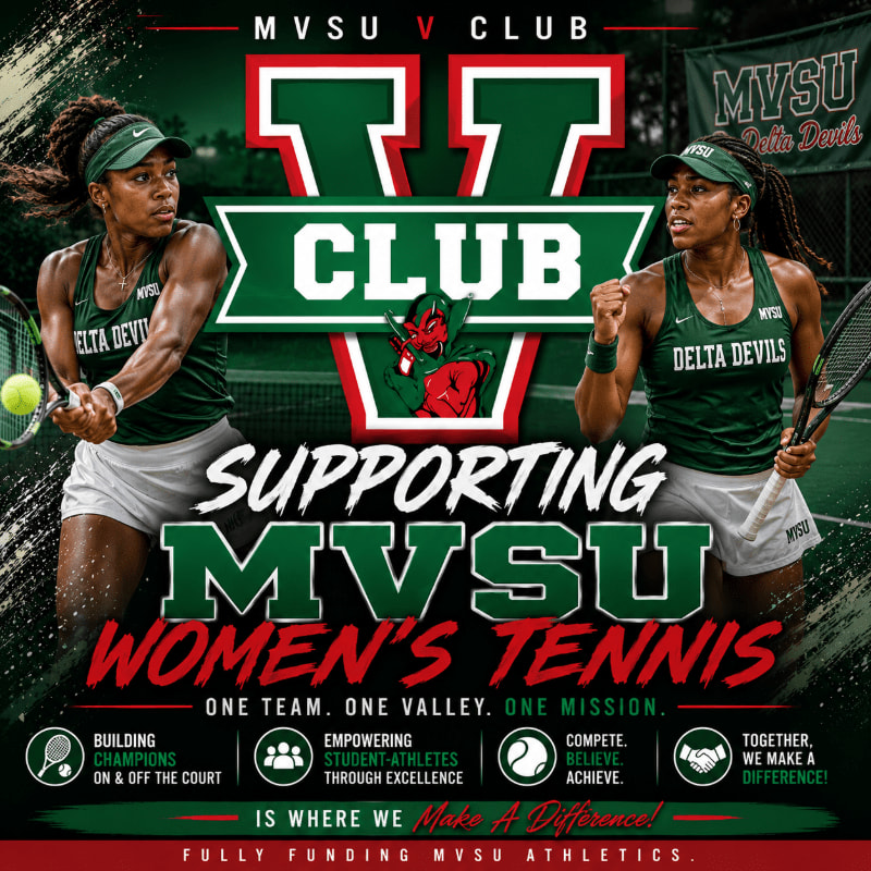 Two female tennis players in green uniforms are featured in the foreground, with a large "MVSU V CLUB" logo and text supporting MVSU Women's Tennis in the background.