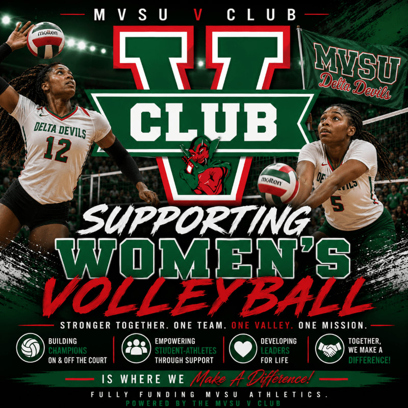 Two female volleyball players in uniform are featured in the foreground, with a large "MVSU V CLUB" logo and text supporting women's volleyball in the background.