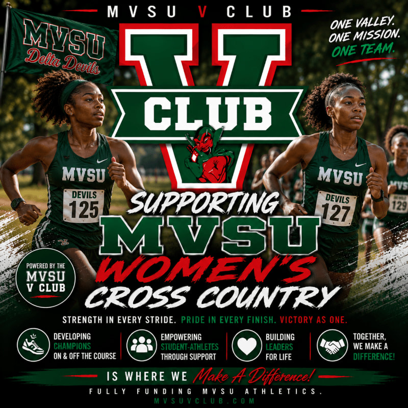 Two female cross country runners in green uniforms with the numbers 125 and 127 on their chests are featured in the foreground, with a large "MVSU V CLUB" logo and promotional text in the background.