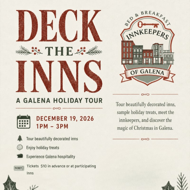 A holiday tour poster for "Deck the Inns" in Galena features a rustic design with text and a crest in the foreground, set against a textured, light-colored background.