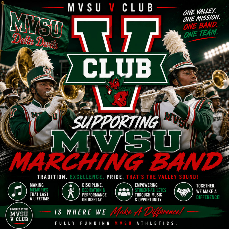 Two marching band members in uniform play instruments in the foreground, with the MVSU V CLUB logo and text supporting the MVSU Marching Band filling the background.