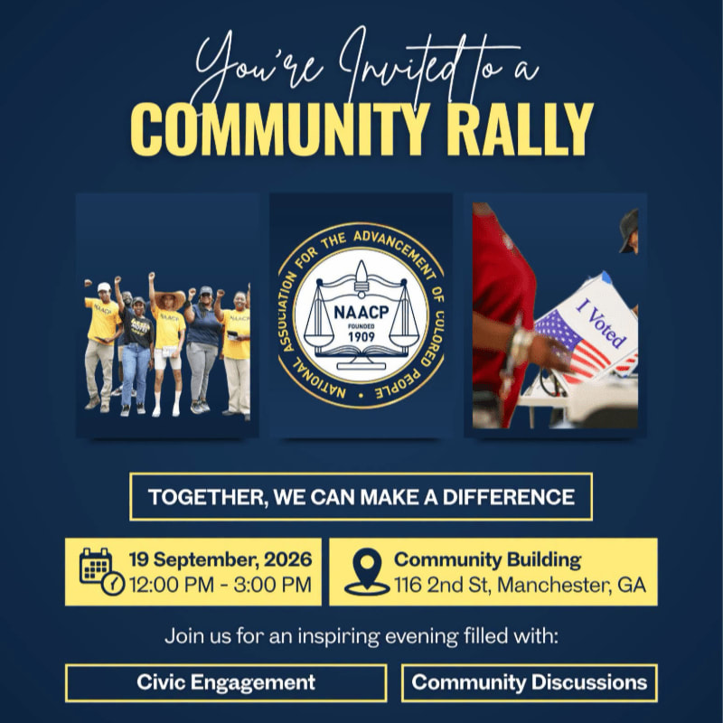 A community rally invitation features a group of people celebrating in the foreground and a "I Voted" sticker with an American flag in the background.