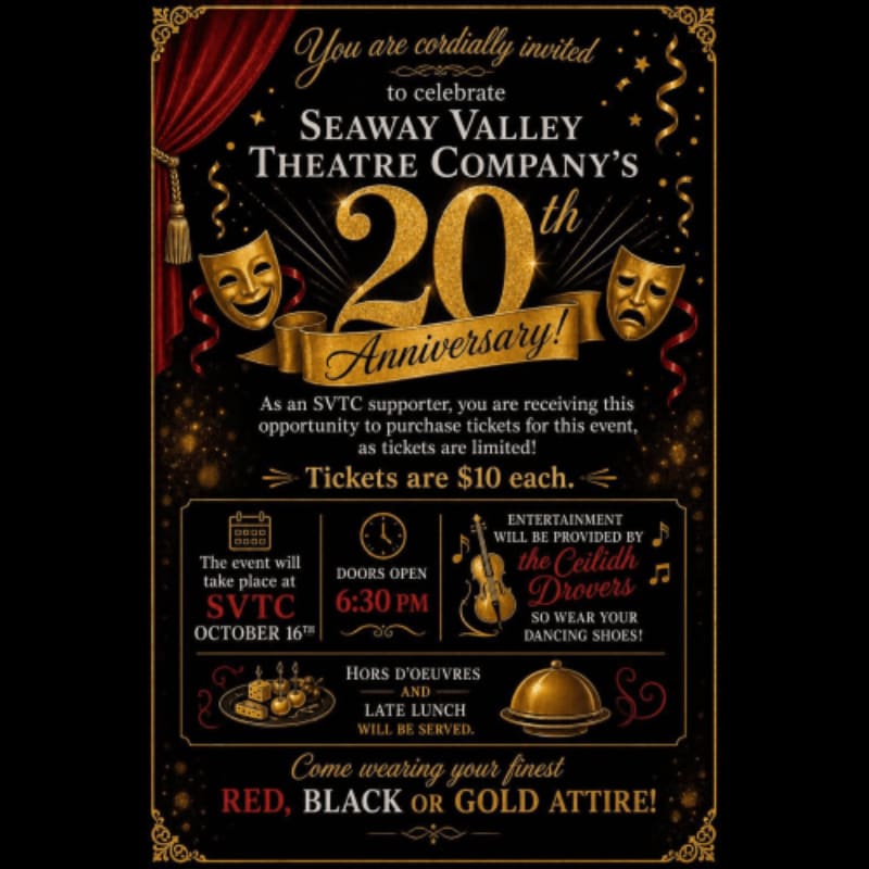 A golden "20th Anniversary!" banner with theatrical masks and red curtains in the foreground is set against a dark, sparkling background advertising a Seaway Valley Theatre Company event.