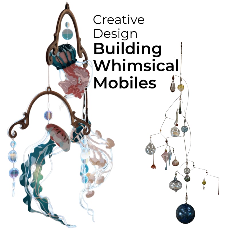 Two whimsical mobiles, one featuring jellyfish and the other a collection of dangling ornaments, hang against a plain white background with text overlaying the right side.