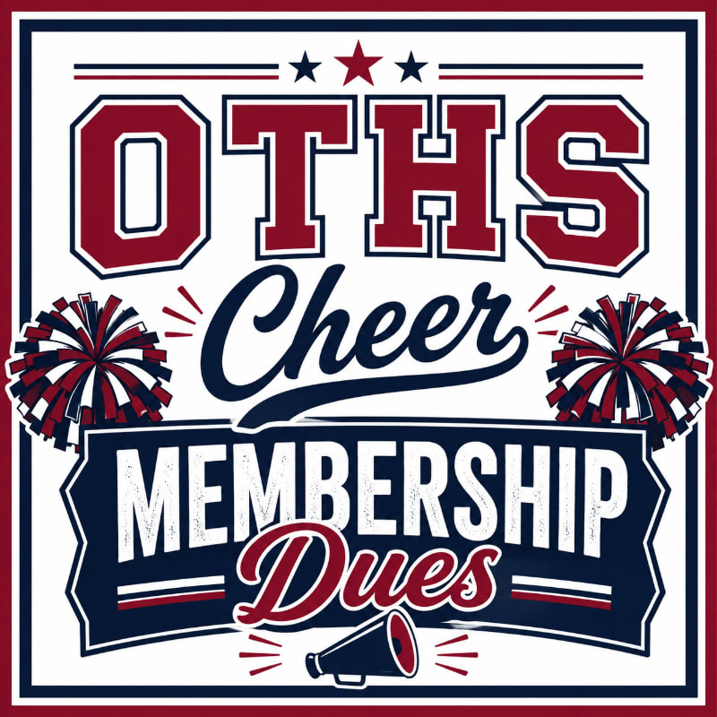 In the foreground, a megaphone and two cheerleading pom-poms flank the words "Cheer Membership Dues" in bold lettering, while the background features "OTHS" in large, stylized letters with red stars above.
