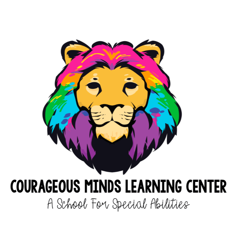 A colorful lion's head with a rainbow mane is centered on a white background, with the text "COURAGEOUS MINDS LEARNING CENTER A School For Special Abilities" below it.