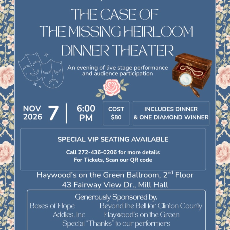 A floral patterned background frames a dinner theater advertisement for "The Case of the Missing Heirloom" with event details in the foreground.