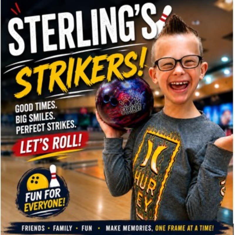 A smiling boy in the foreground holds a bowling ball, with a bowling alley and text in the background.