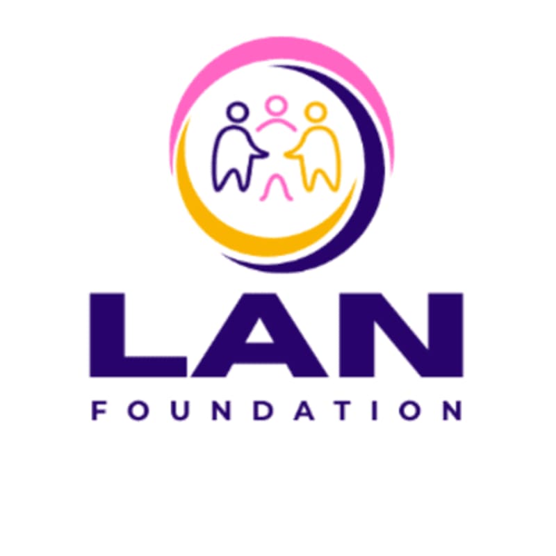 A logo with three stylized figures holding hands within a crescent moon and circle design is positioned above the bold text "LAN FOUNDATION" on a white background.