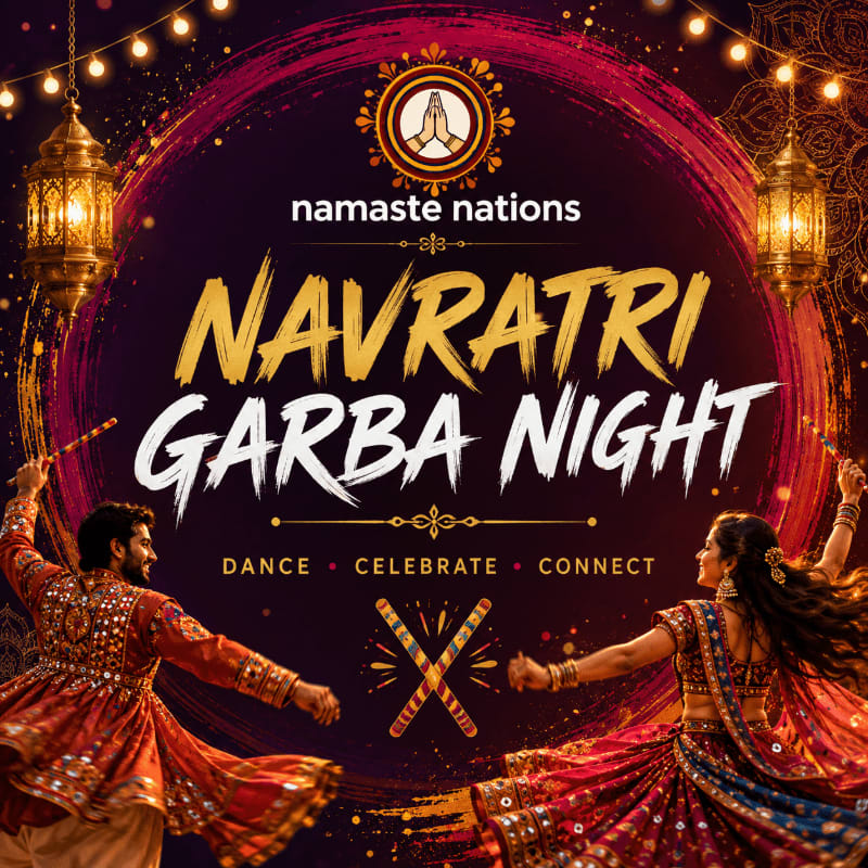 A man and woman in traditional Indian attire dance in the foreground, while ornate lanterns and string lights illuminate the festive background of a "Navratri Garba Night" event.